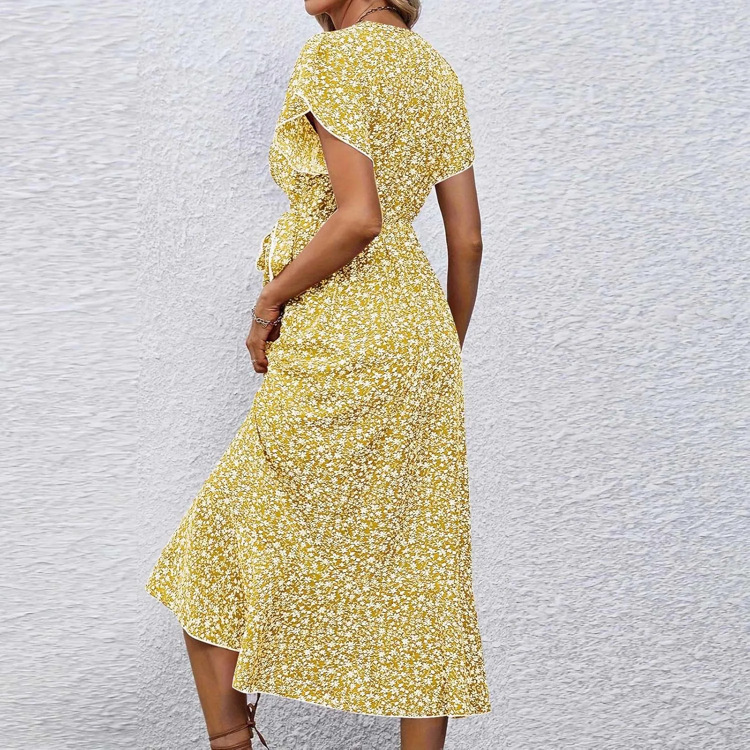 Floral Midi Dress for Women Flowy Vintage Casual A Line Wrap Dress Beach Vacation Trendy Boho V Neck Sundress