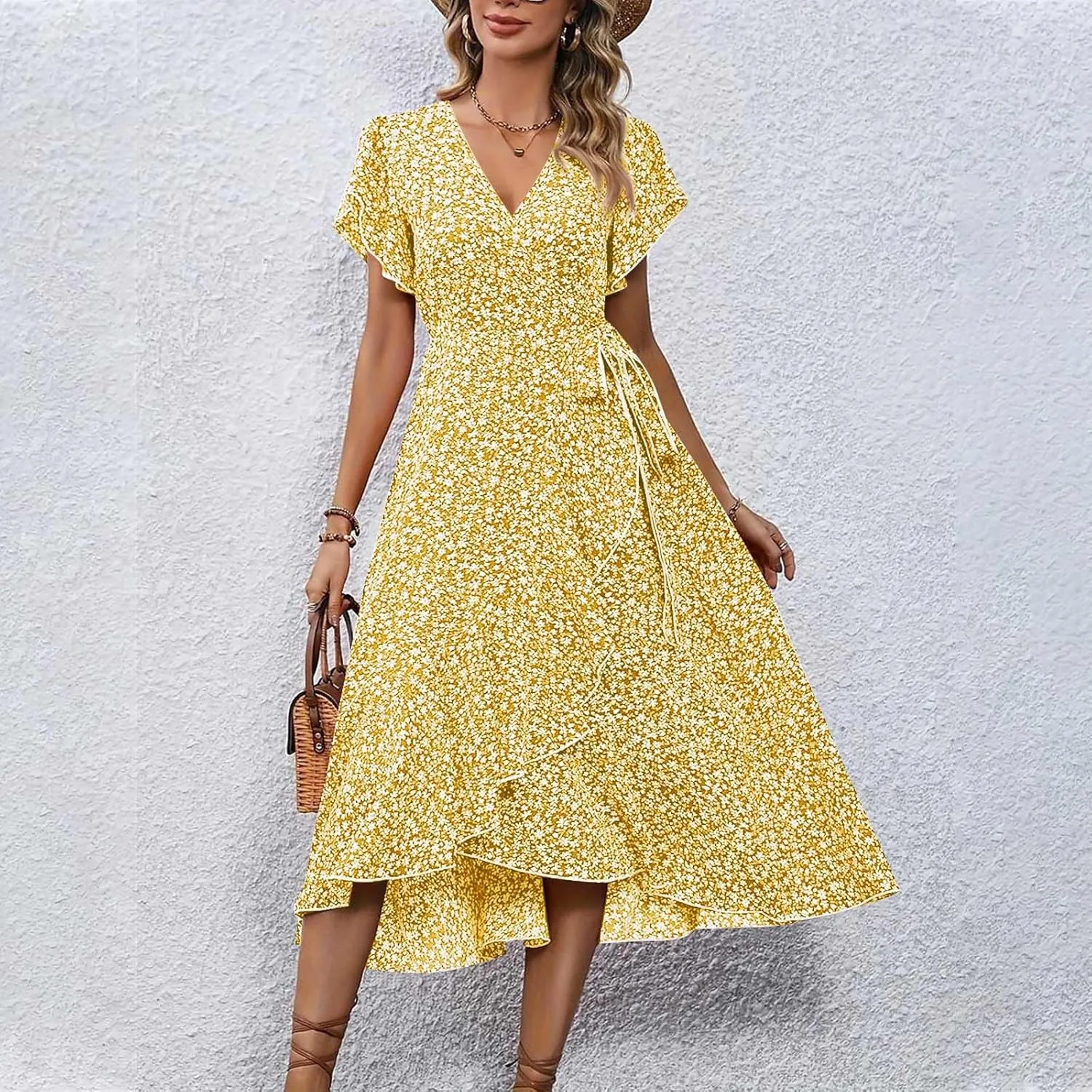 Floral Midi Dress for Women Flowy Vintage Casual A Line Wrap Dress Beach Vacation Trendy Boho V Neck Sundress