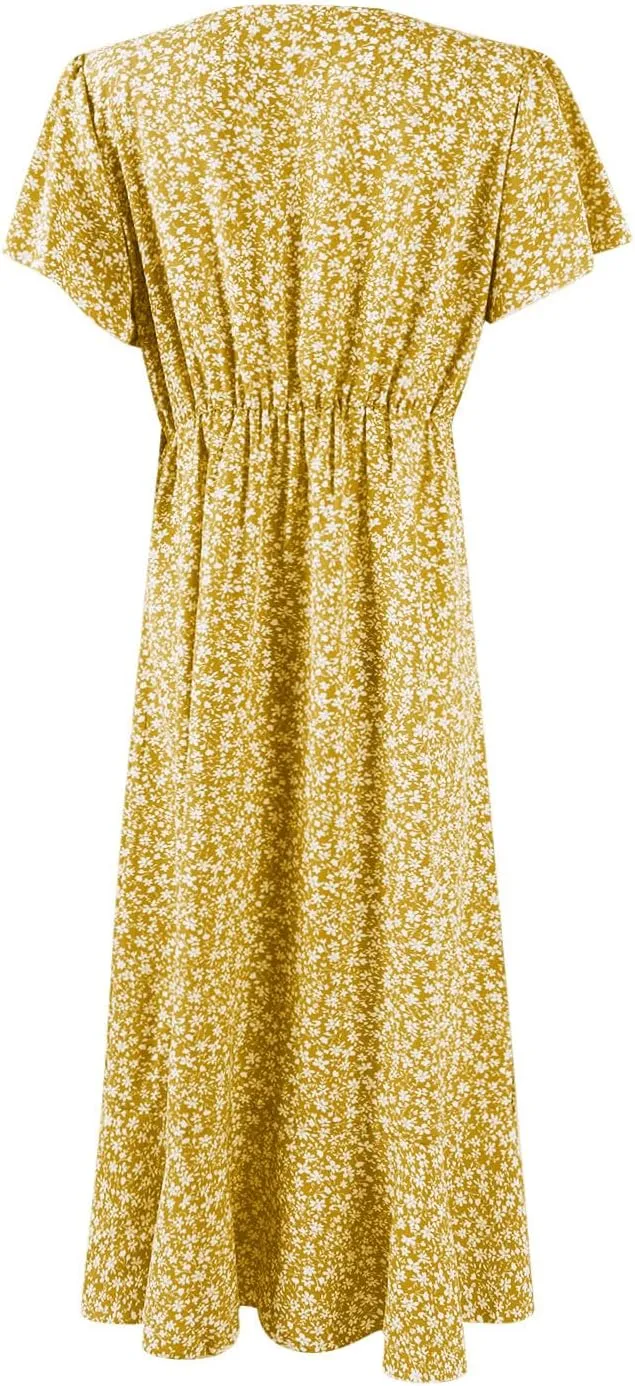 Floral Midi Dress for Women Flowy Vintage Casual A Line Wrap Dress Beach Vacation Trendy Boho V Neck Sundress