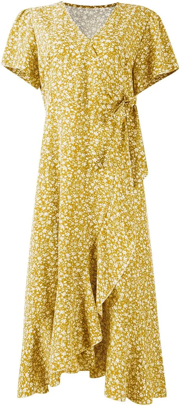 Floral Midi Dress for Women Flowy Vintage Casual A Line Wrap Dress Beach Vacation Trendy Boho V Neck Sundress