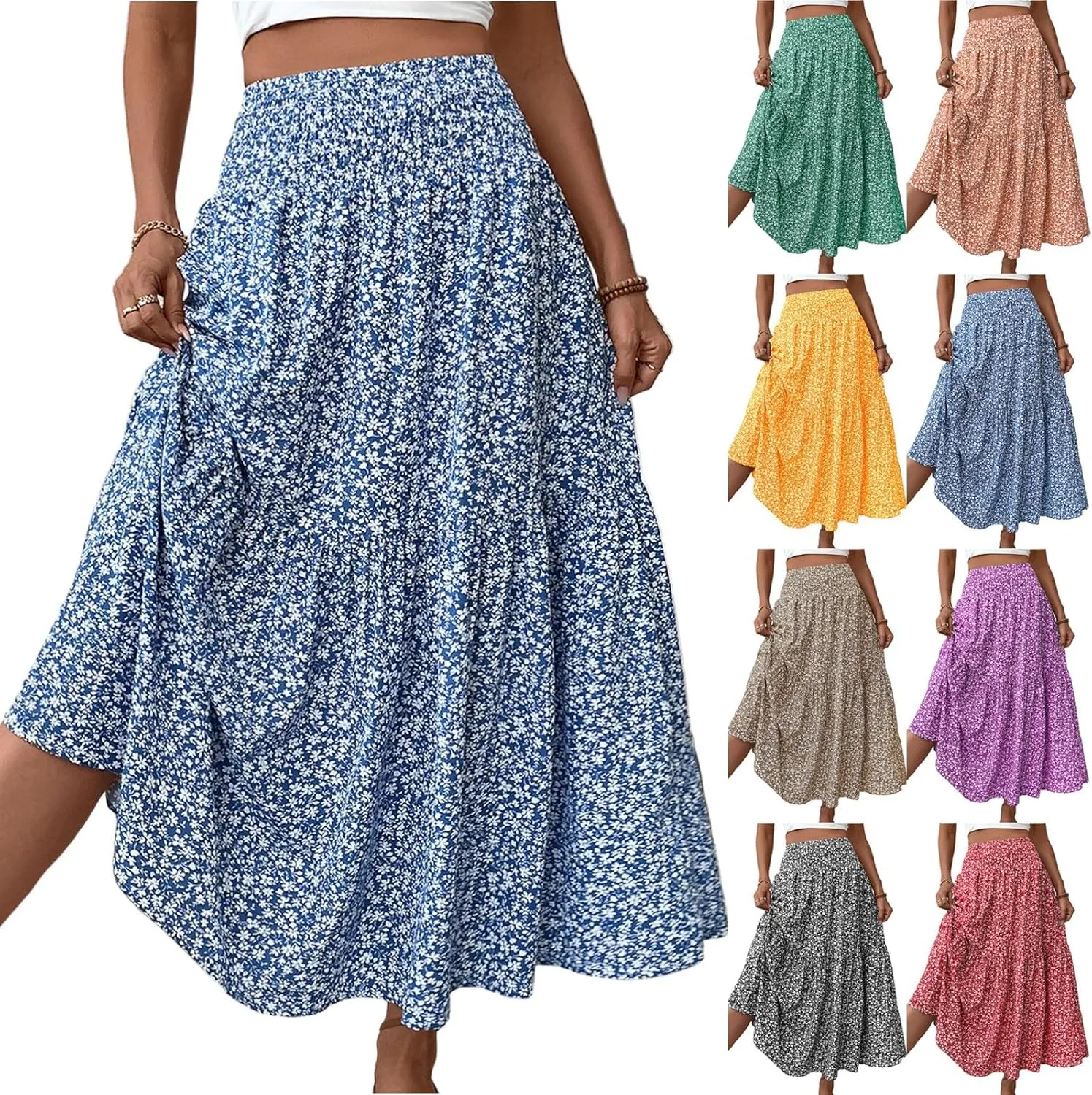 Floral Skirts for Women 2025 Spring Summer Trendy Elastic Waist Maxi Skirts Flowy Bohemian Ruffle Skirt with Pockets