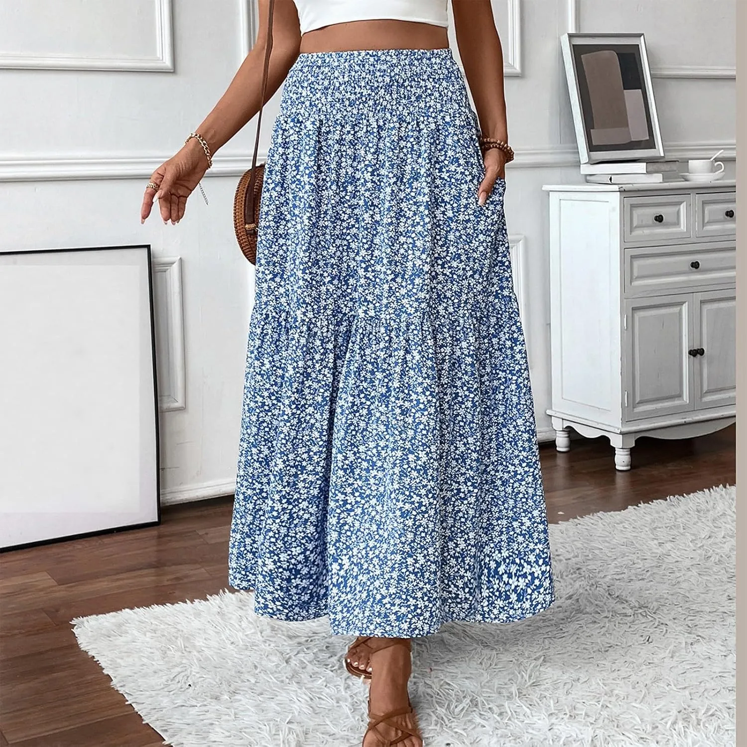 Floral Skirts for Women 2025 Spring Summer Trendy Elastic Waist Maxi Skirts Flowy Bohemian Ruffle Skirt with Pockets