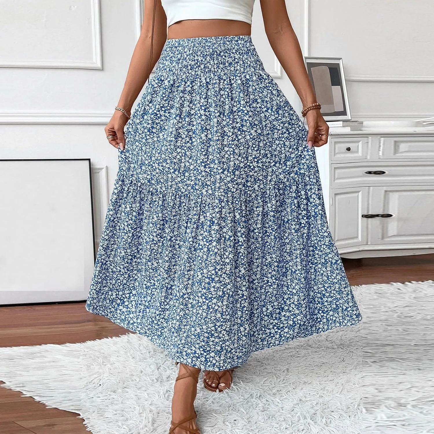 Floral Skirts for Women 2025 Spring Summer Trendy Elastic Waist Maxi Skirts Flowy Bohemian Ruffle Skirt with Pockets