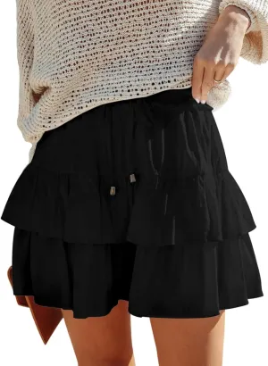 Flowy Shorts Dress for Women Boho Ruffled Tiered Skorts Skirt High Waist Mini Skirts Summer Cute Tennis Shorts
