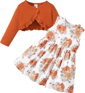 Girls Dress and Cardigan Sleeveless Floral Print Tank Dresses and Bolero Shrug 2 Piece Kids Girl Spring Outfit