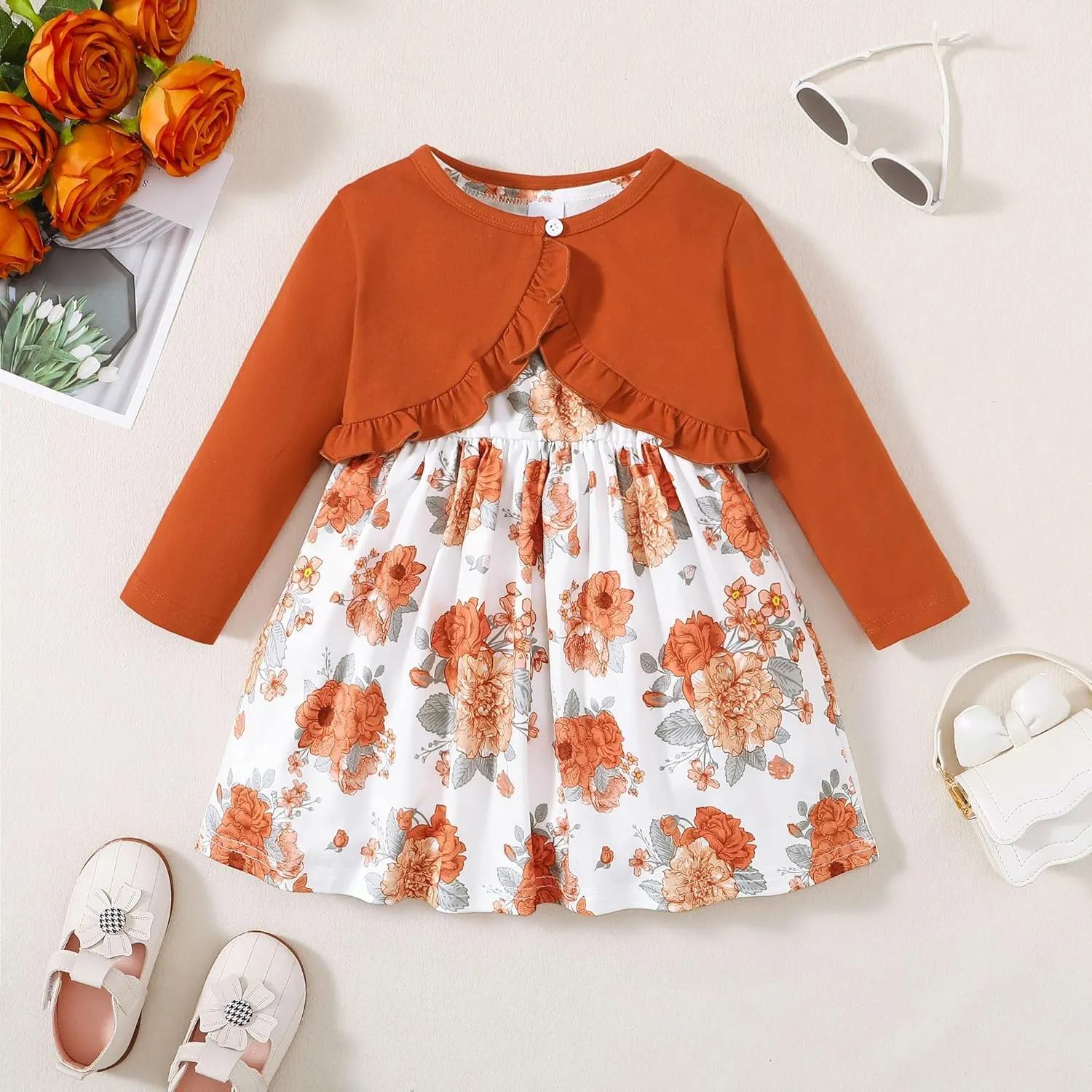 Girls Dress and Cardigan Sleeveless Floral Print Tank Dresses and Bolero Shrug 2 Piece Kids Girl Spring Outfit