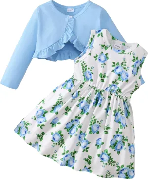 Girls Dress and Cardigan Sleeveless Floral Print Tank Dresses and Bolero Shrug 2 Piece Kids Girl Spring Outfit