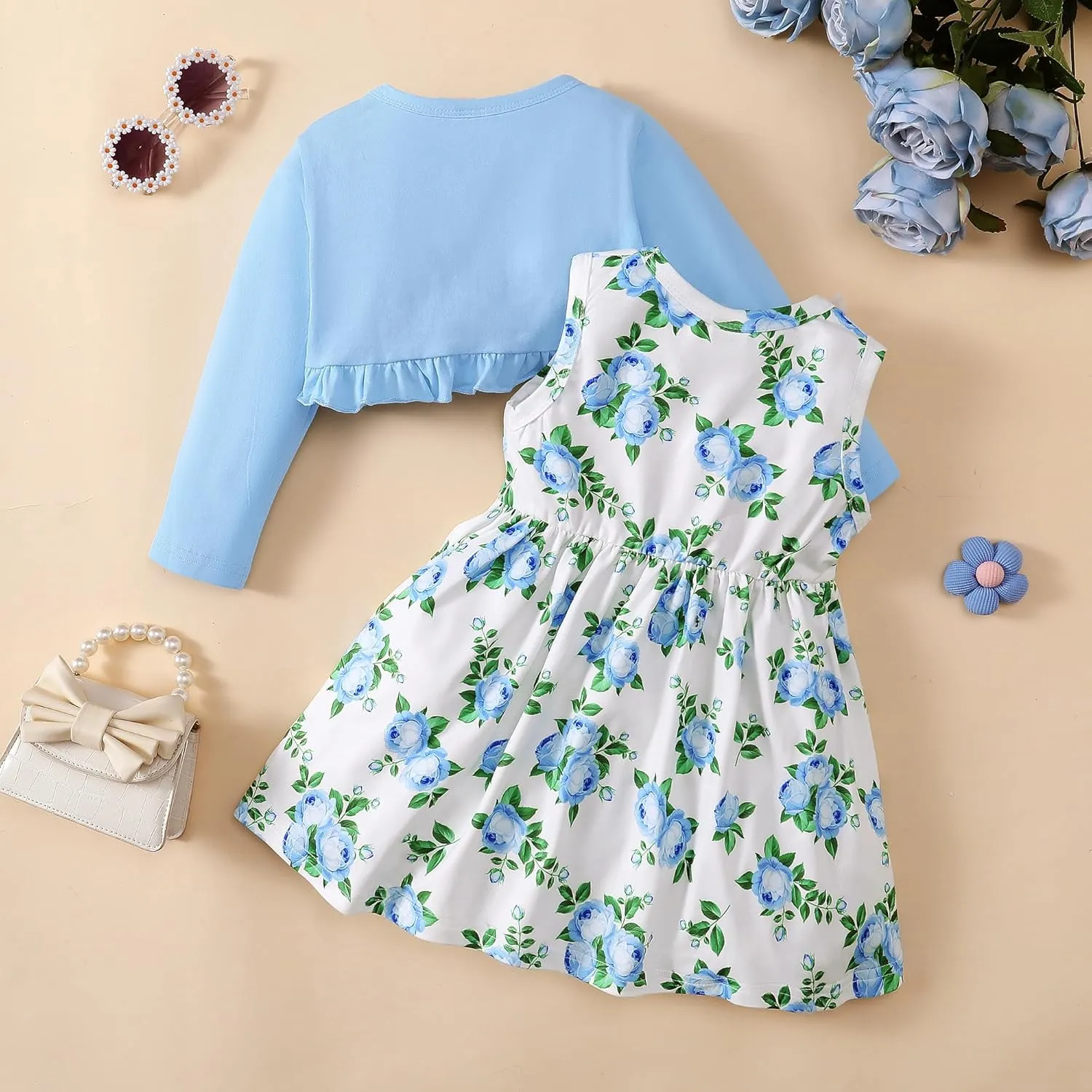 Girls Dress and Cardigan Sleeveless Floral Print Tank Dresses and Bolero Shrug 2 Piece Kids Girl Spring Outfit
