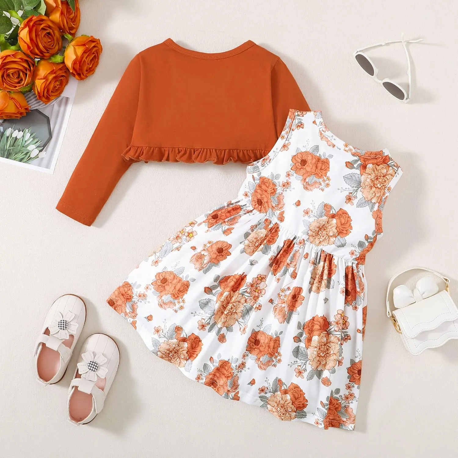 Girls Dress and Cardigan Sleeveless Floral Print Tank Dresses and Bolero Shrug 2 Piece Kids Girl Spring Outfit