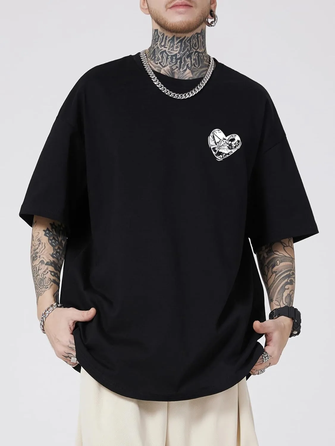 GORGLITTER Men's Letter Graphic Print T Shirts Round Neck Short Sleeve Loose Tee Tops