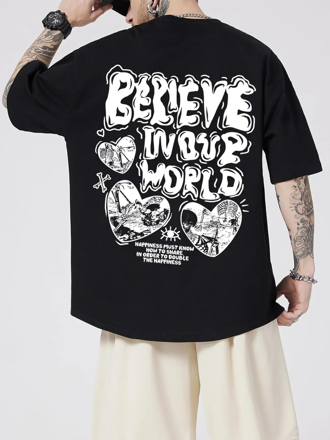 GORGLITTER Men's Letter Graphic Print T Shirts Round Neck Short Sleeve Loose Tee Tops