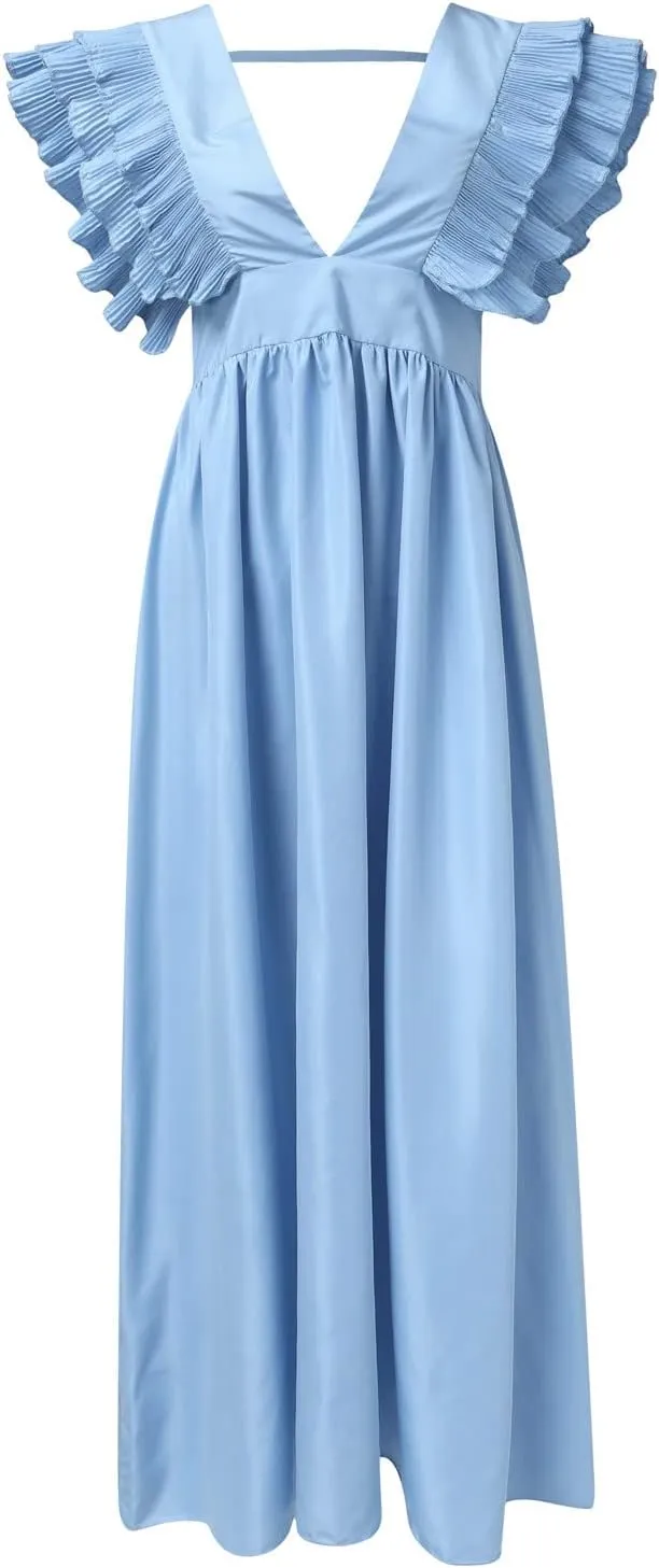 Gowns for Short Women Sleeve Tiered Midi Dress Tie Waist A Line Long Party Dress Cocktail Formal Dresses for