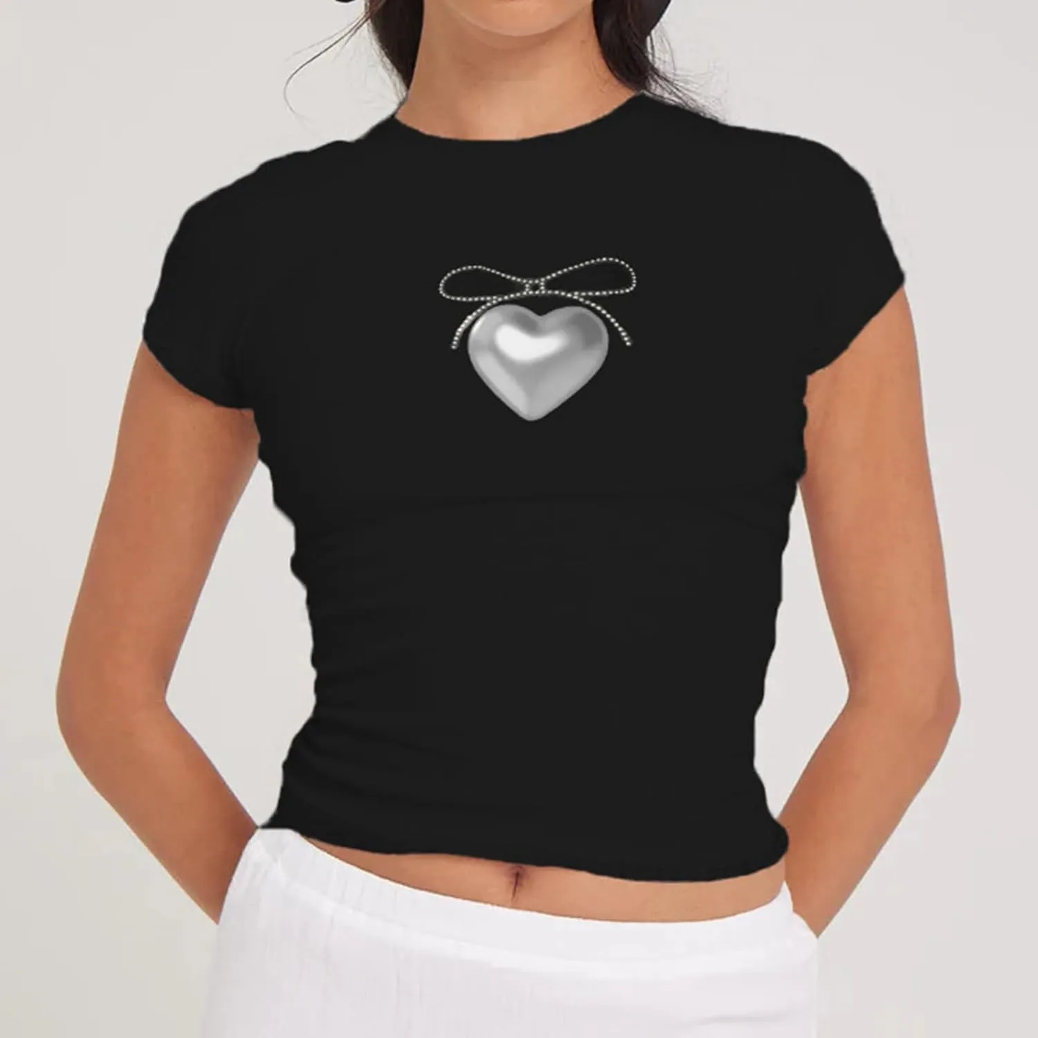 Graphic Baby Tee Tops for Women Short Sleeve Vintage Coquette Print Slim Crop Top Party Club T-Shirt 00S Streetwear