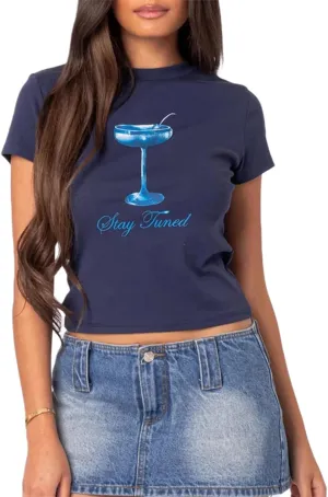 Graphic Baby Tee Tops for Women Short Sleeve Vintage Coquette Print Slim Crop Top Party Club T-Shirt 00S Streetwear