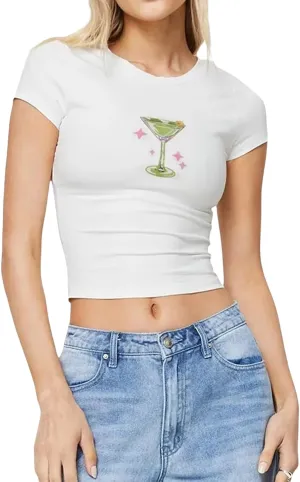 Graphic Baby Tee Tops for Women Short Sleeve Vintage Coquette Print Slim Crop Top Party Club T-Shirt 00S Streetwear