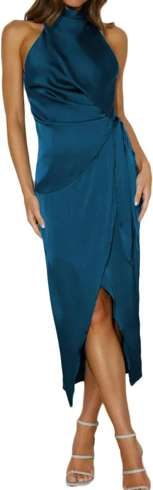 Halfisland Womens Summer Satin High Neck Sleeveless Wrap Dress Elegant Mock Neck Tie Waist Cocktail Formal Dresses Teal