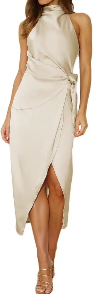Halfisland Womens Summer Satin High Neck Sleeveless Wrap Dress Elegant Mock Neck Tie Waist Cocktail Formal Dresses