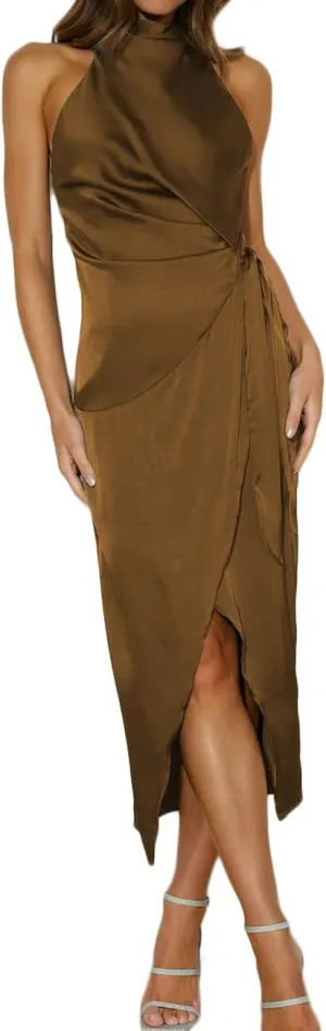 Halfisland Womens Summer Satin High Neck Sleeveless Wrap Dress Elegant Mock Neck Tie Waist Cocktail Formal Dresses