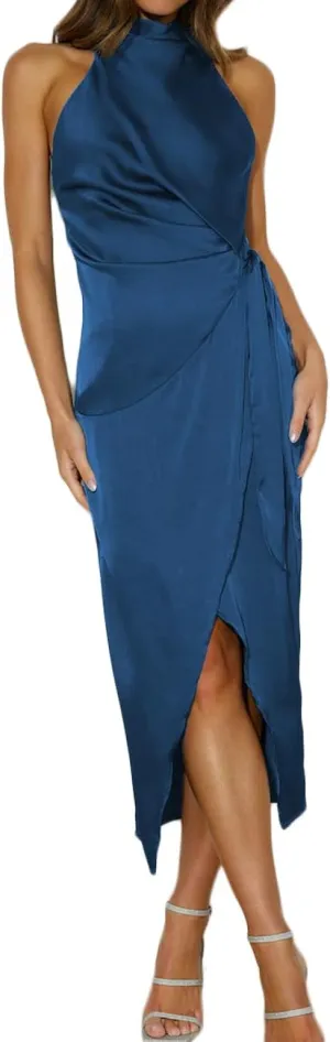Halfisland Womens Summer Satin High Neck Sleeveless Wrap Dress Elegant Mock Neck Tie Waist Cocktail Formal Dresses