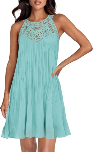 Halter Neck Dresses for Women 2025 Summer Chiffon Mini Dresses Hollow Out A Line Flowy Beach Vacation Sundress