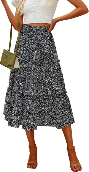 Hibluco Women's Floral Midi Skirts Elastic High Waist A-Line Swing Skirts