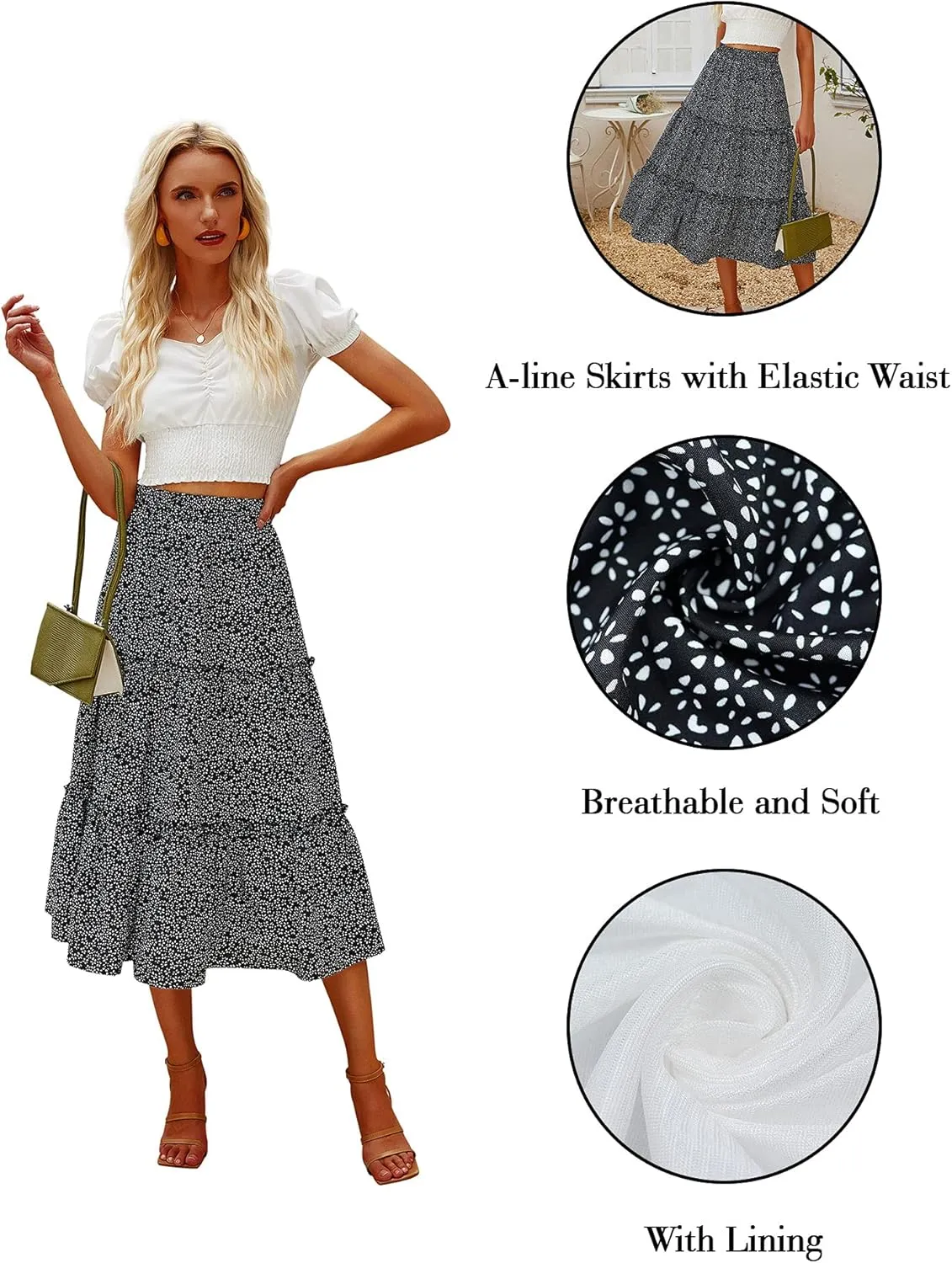 Hibluco Women's Floral Midi Skirts Elastic High Waist A-Line Swing Skirts