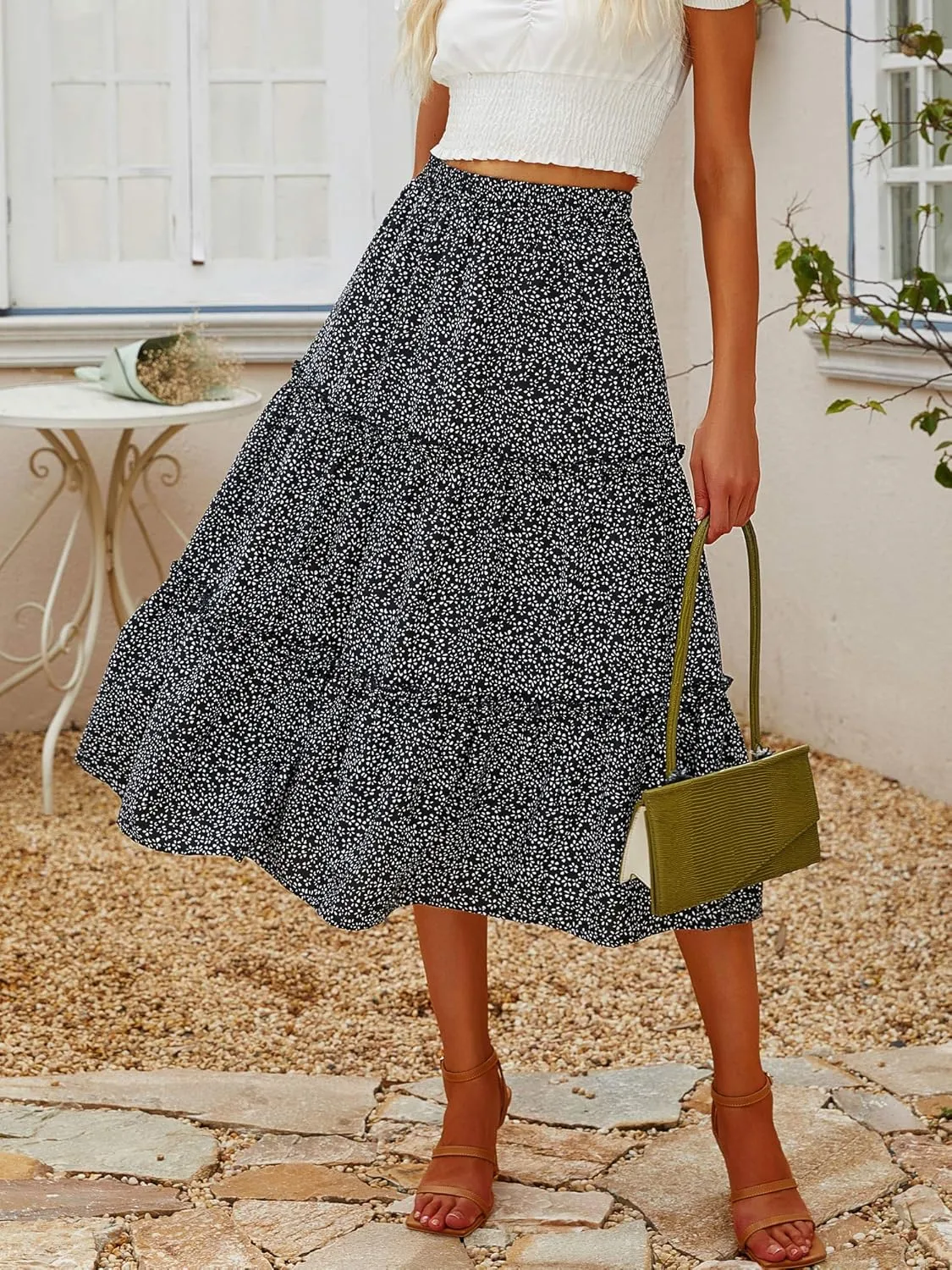 Hibluco Women's Floral Midi Skirts Elastic High Waist A-Line Swing Skirts