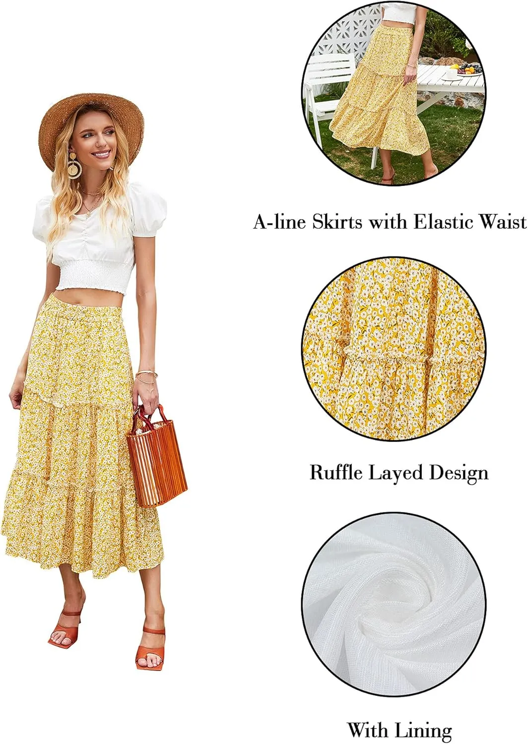 Hibluco Women's Floral Midi Skirts Elastic High Waist A-Line Swing Skirts