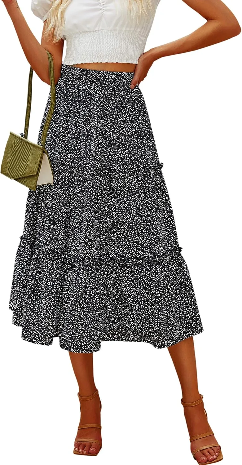 Hibluco Women's Floral Midi Skirts Elastic High Waist A-Line Swing Skirts