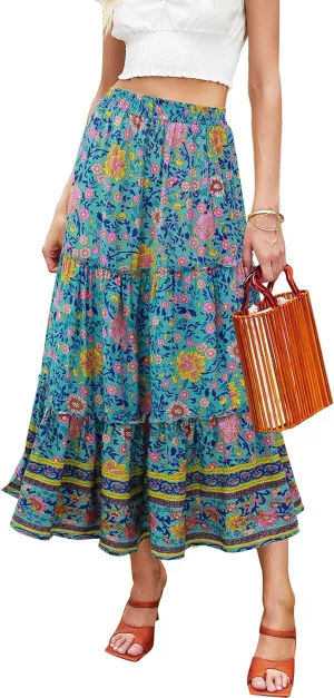 Hibluco Women's Floral Midi Skirts Elastic High Waist A-Line Swing Skirts