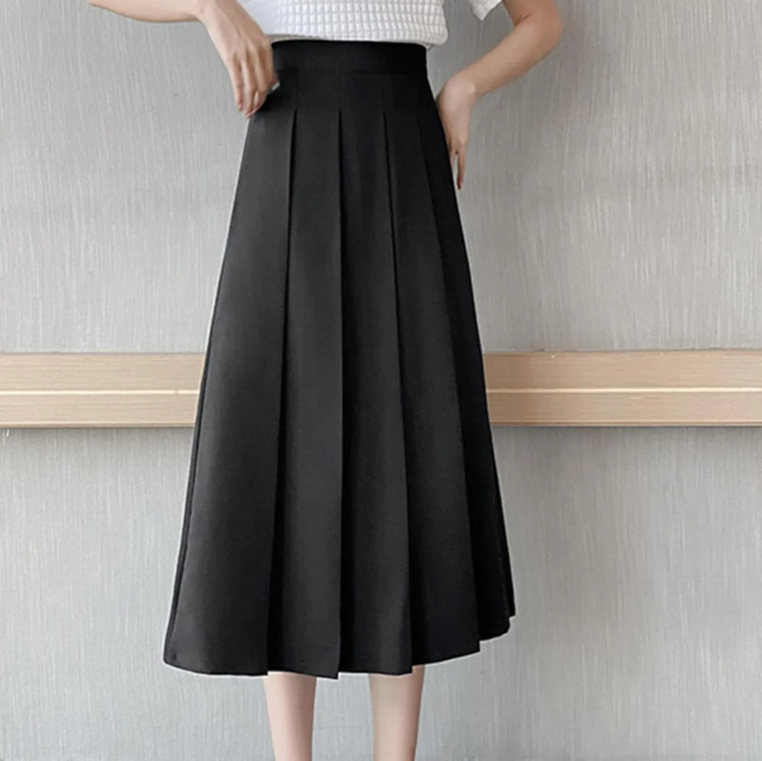 High Waist Pleated Skirt for Women Elegant Midi A Line Skater Skirts Office Wear Classic Dress