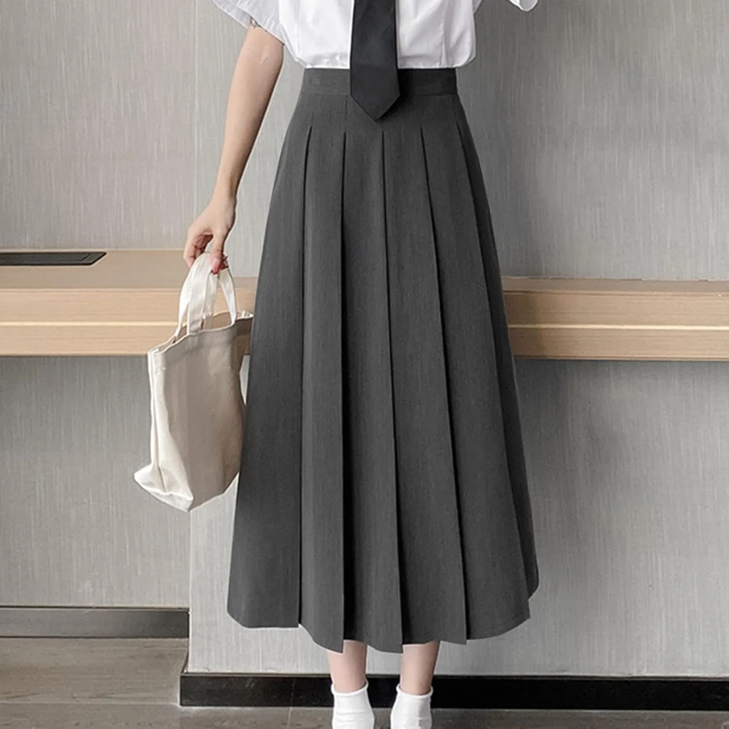 High Waist Pleated Skirt for Women Elegant Midi A Line Skater Skirts Office Wear Classic Dress