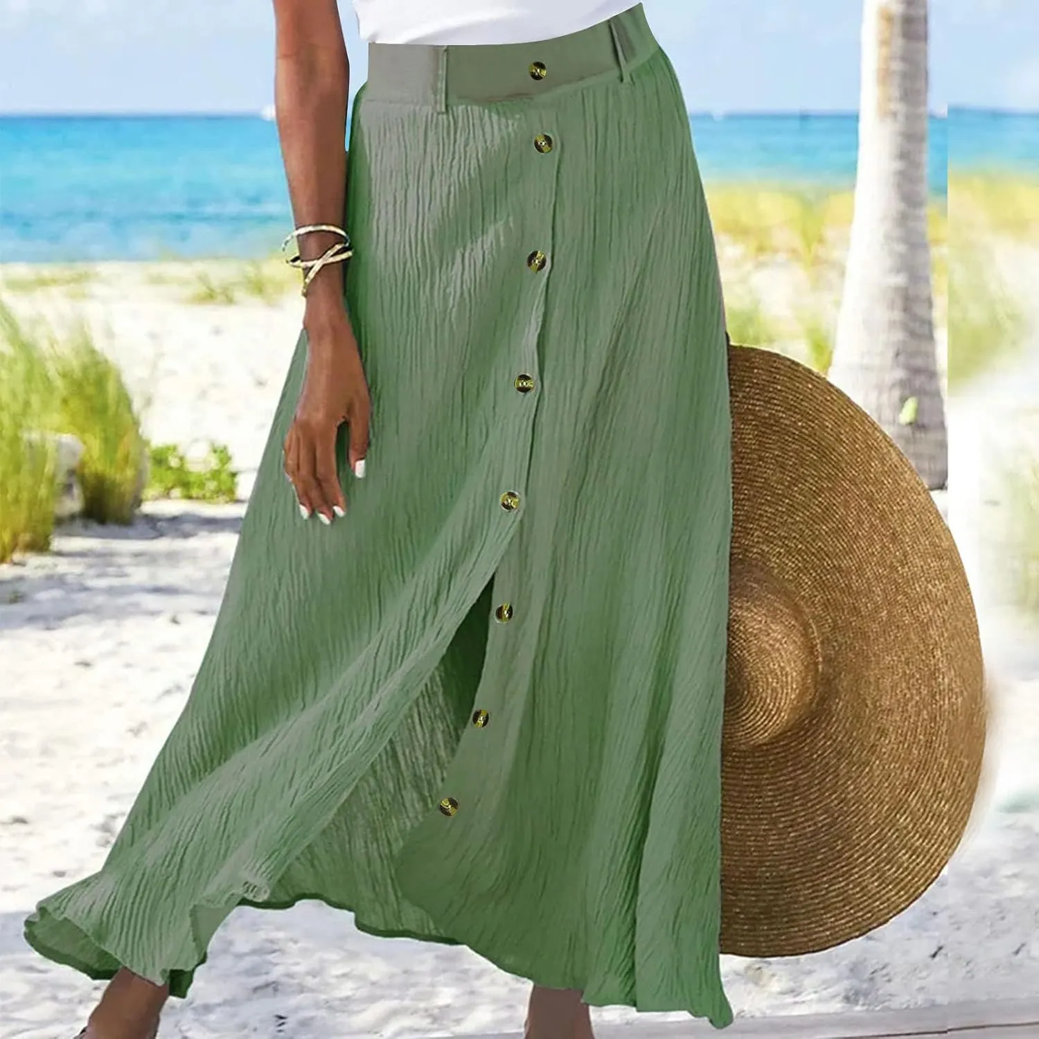 High Waist Skirts for Women Dressy Casual Skirts Button Down A Line Skirts Summer Boho Skirts Vintage Basic Skirts