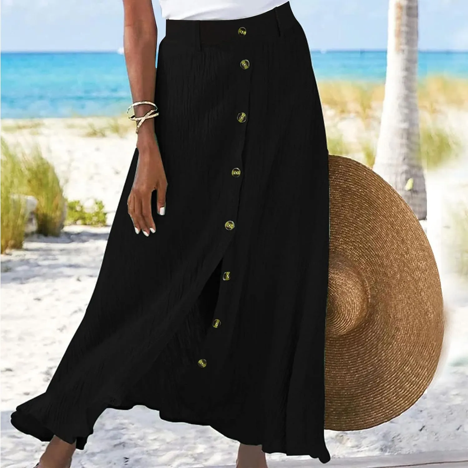 High Waist Skirts for Women Dressy Casual Skirts Button Down A Line Skirts Summer Boho Skirts Vintage Basic Skirts