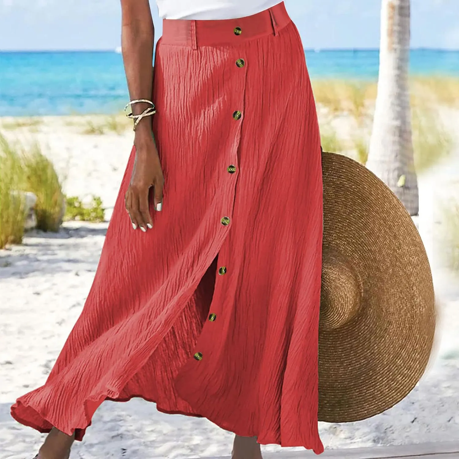 High Waist Skirts for Women Dressy Casual Skirts Button Down A Line Skirts Summer Boho Skirts Vintage Basic Skirts