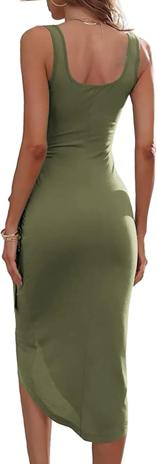HOTOUCH Women's Wrap Tie Side Bodycon Midi Dress Scoop Neck Sleeveless Ruched Asymmetrical Tank Dresses