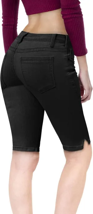 Hybrid & Company Womens Butt Lifting Mid Rise Denim Bermuda Shorts
