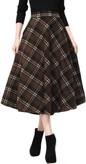 IDEALSANXUN Womens Plaid Wool Skirts Elastic Waist A-Line Pleated Tartan Long Skirts