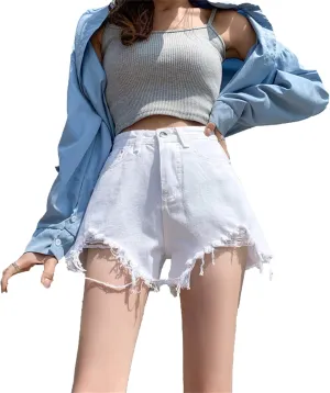 JEKE-DG Women's Ripped Denim Shorts High Waisted Distressed Denim Shorts Frayed Raw Hem Jeans Shorts Casual Pants