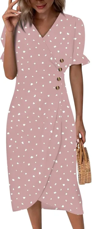 JJHAEVDY Dresses for Women 2024 Printed Short Sleeve Dress V Neck Ruffle Hem Dresses Summer Beach Dresses Elegant Midi Dress