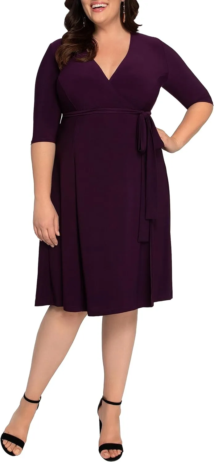 Kiyonna Plus Size Essential Midi Wrap Dress with Sleeves | Cocktail, Party, Wedding Guest or Work
