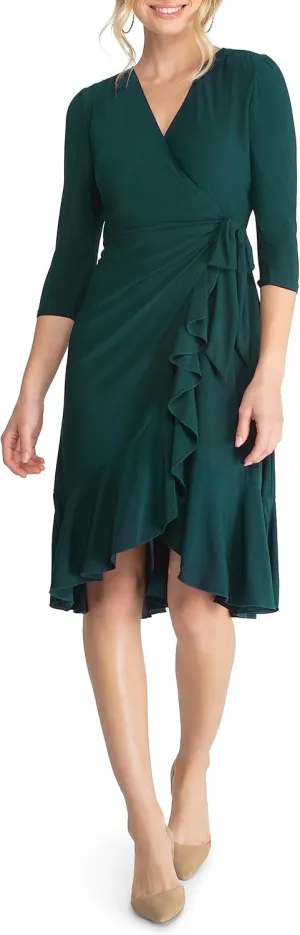 Kiyonna Whimsy Ruffled Midi Wrap Dress with Sleeves | Wrap Around Style with Ruffles | Cocktail, Party, Wedding Guest or Work | Hunter Green Size XL (10-12)