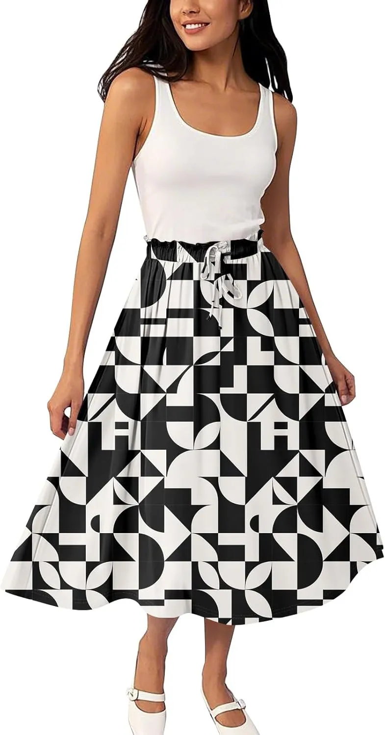 Knee Length Skirt for Women High Waist Flowy A-Line Casual Summer Skirt Trendy