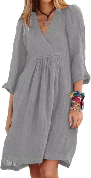 Kubbon Linen Dresses for Women Casual 3/4 Sleeve Midi Dress Wrap V Neck High Waisted Flowy Dresses Vacation Outfits