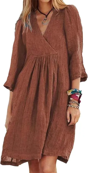 Kubbon Linen Dresses for Women Casual 3/4 Sleeve Midi Dress Wrap V Neck High Waisted Flowy Dresses Vacation Outfits