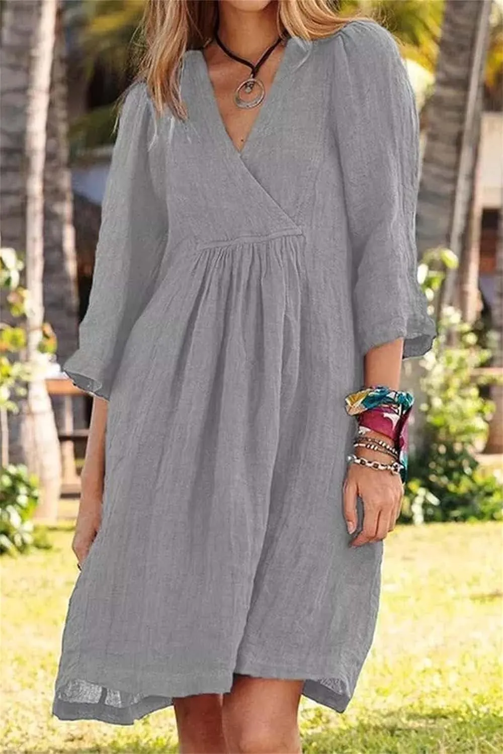 Kubbon Linen Dresses for Women Casual 3/4 Sleeve Midi Dress Wrap V Neck High Waisted Flowy Dresses Vacation Outfits