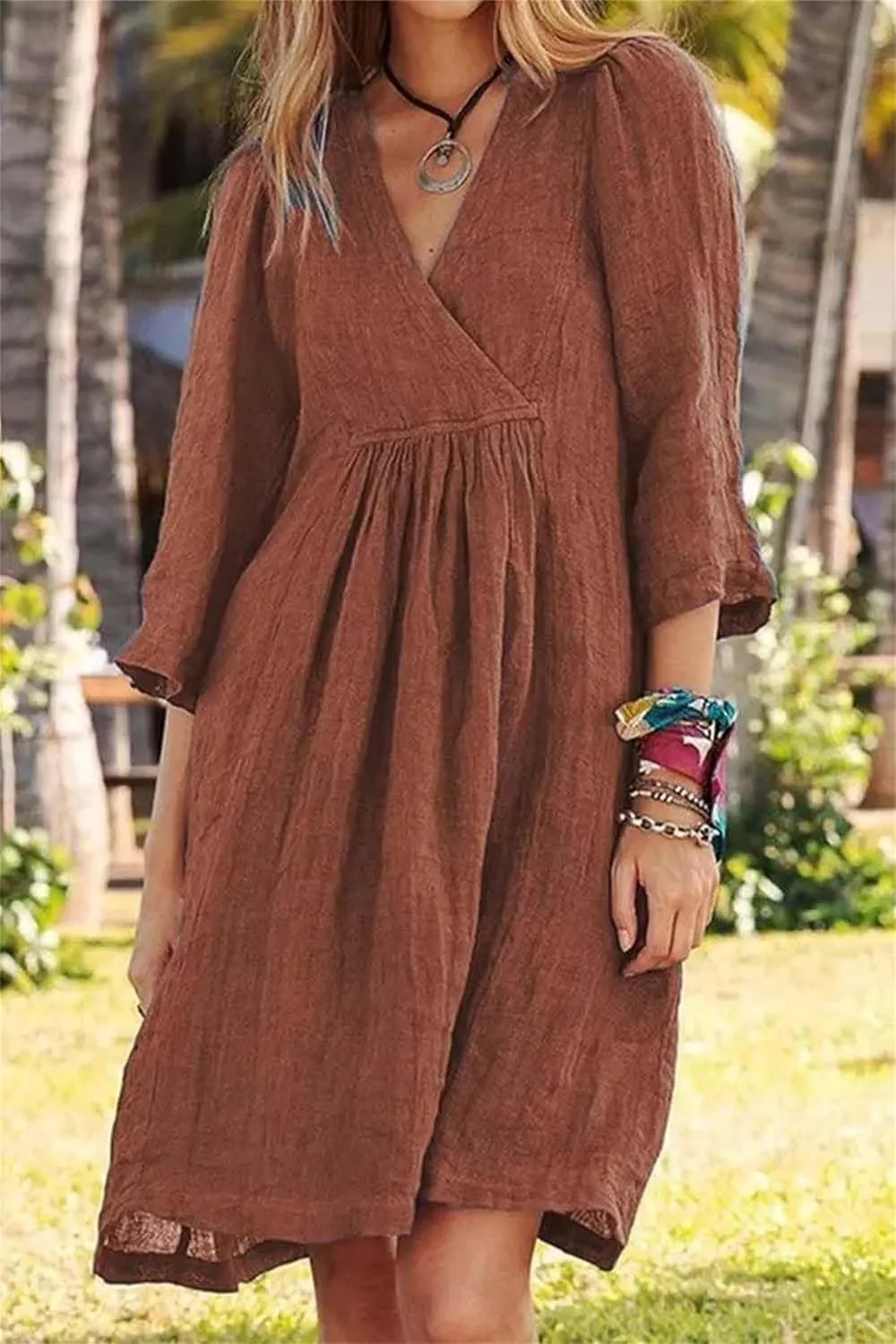 Kubbon Linen Dresses for Women Casual 3/4 Sleeve Midi Dress Wrap V Neck High Waisted Flowy Dresses Vacation Outfits