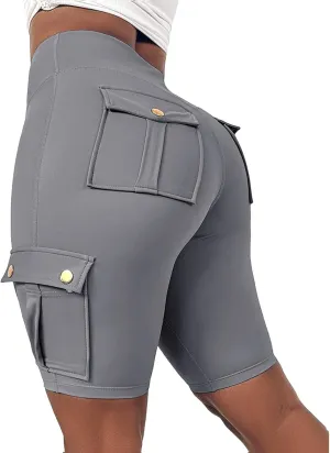 Kubbon Womens Workout Shorts High Waist Butt Lifting Yoga Shorts Tummy Control Leggings Gym Biker Cargo Shorts Flap Pockets