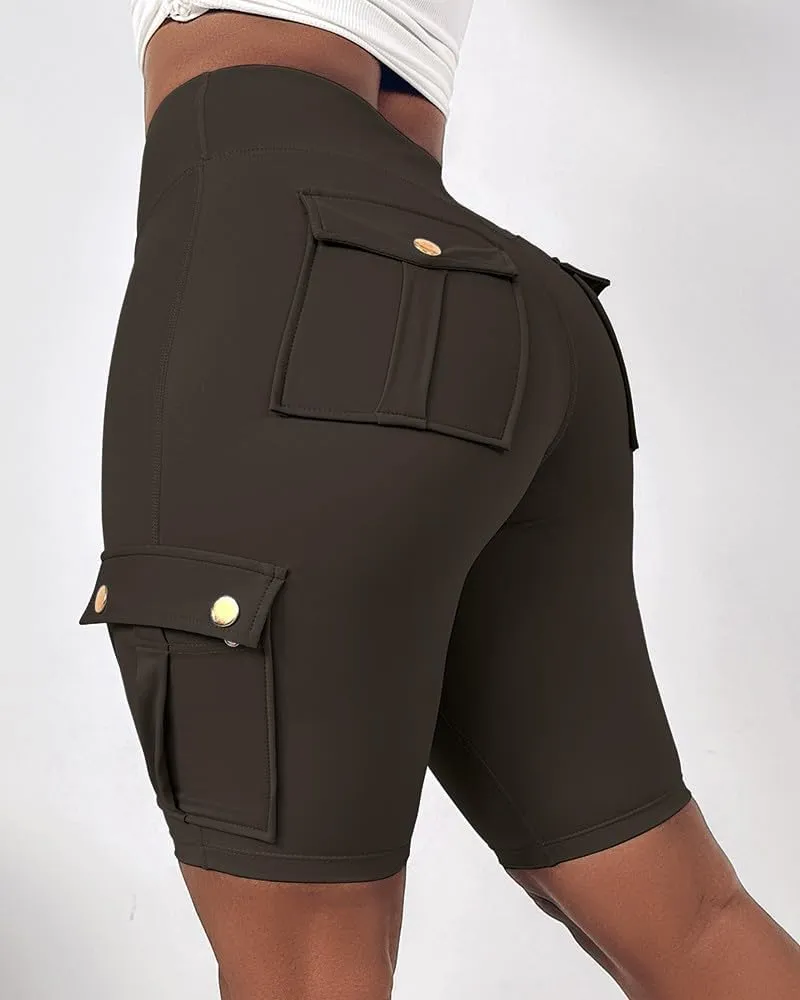 Kubbon Womens Workout Shorts High Waist Butt Lifting Yoga Shorts Tummy Control Leggings Gym Biker Cargo Shorts Flap Pockets