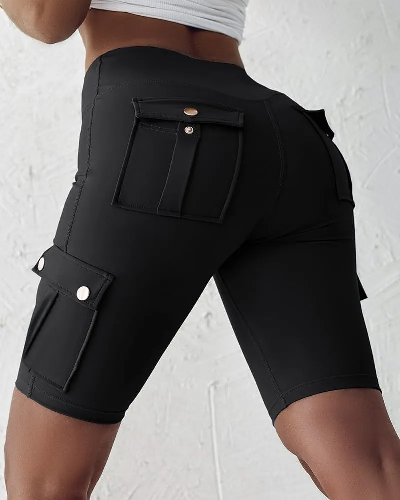 Kubbon Womens Workout Shorts High Waist Butt Lifting Yoga Shorts Tummy Control Leggings Gym Biker Cargo Shorts Flap Pockets